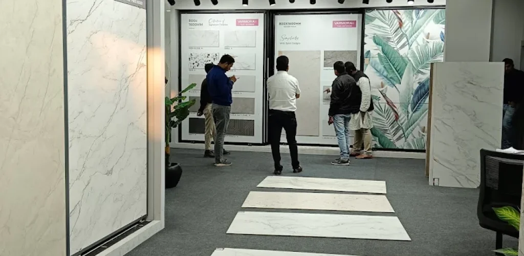 Large format floor tiles displayed in showroom – best floor tiles in Indore